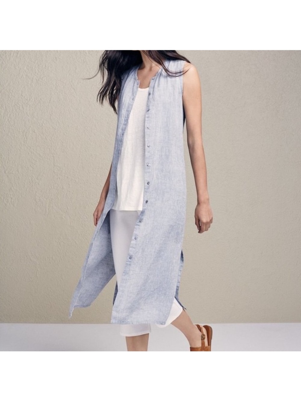 Eileen Fisher Dress Womens Large 100% Linen Organic Gray Button Front Midi
